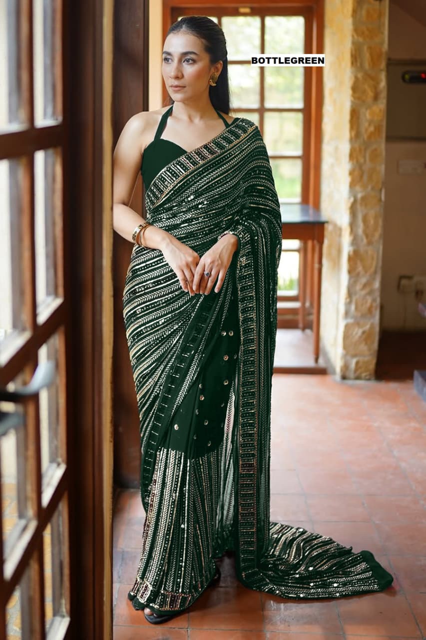 DF-3451 Faux Georgette Saree – Heavy 5mm Sequin & Multi Embroidery Work with Mono Silk Blouse | House of ShiVisha™