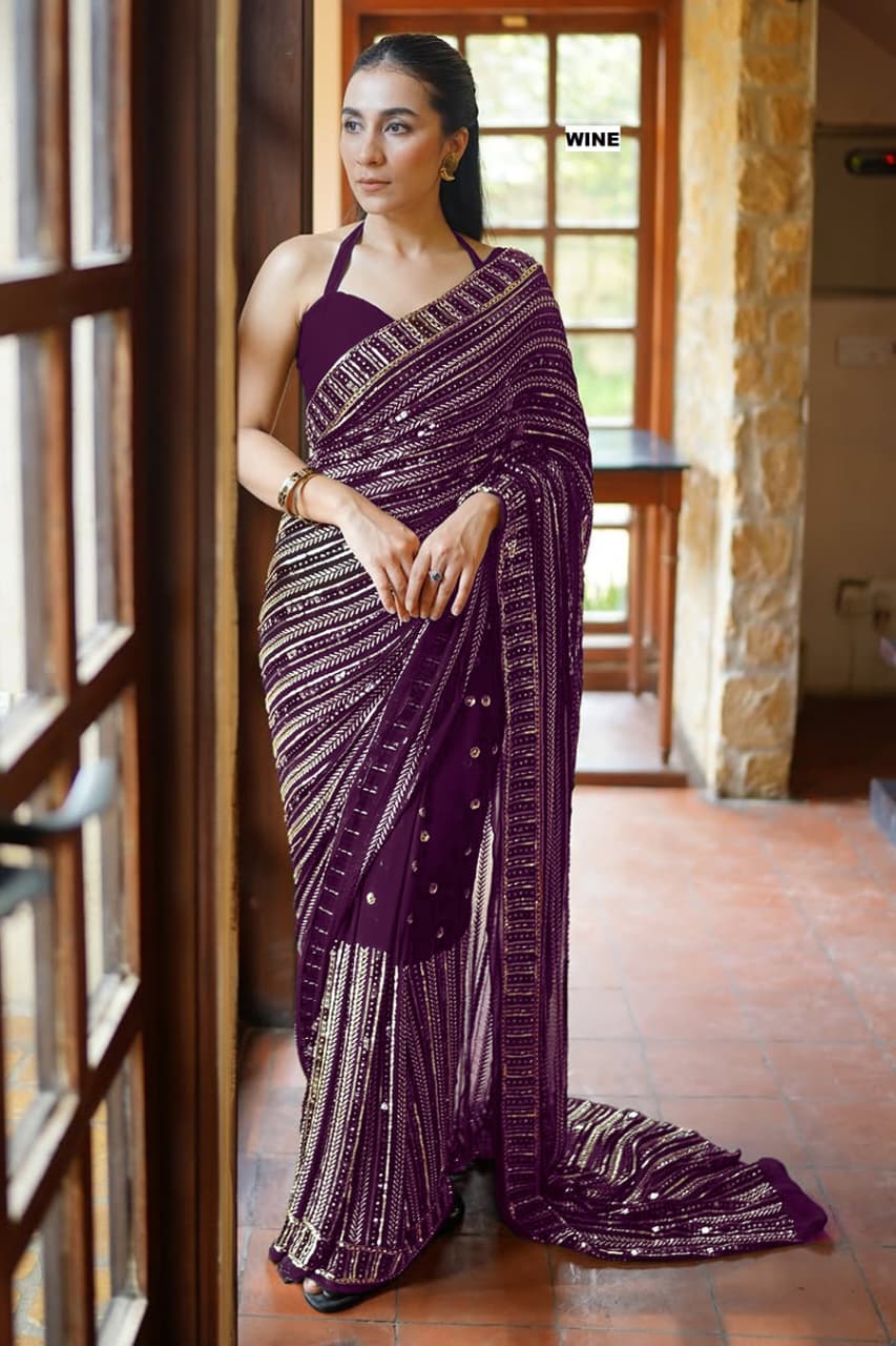 DF-3451 Faux Georgette Saree – Heavy 5mm Sequin & Multi Embroidery Work with Mono Silk Blouse | House of ShiVisha™