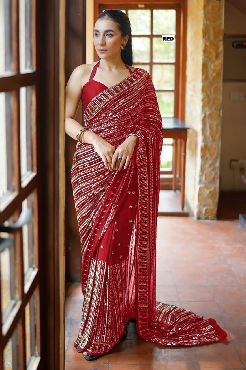 DF-3451 Faux Georgette Saree – Heavy 5mm Sequin & Multi Embroidery Work with Mono Silk Blouse | House of ShiVisha™