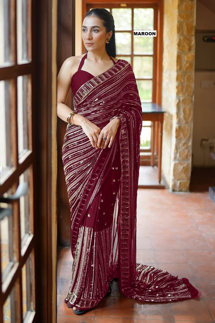 DF-3451 Faux Georgette Saree – Heavy 5mm Sequin & Multi Embroidery Work with Mono Silk Blouse | House of ShiVisha™