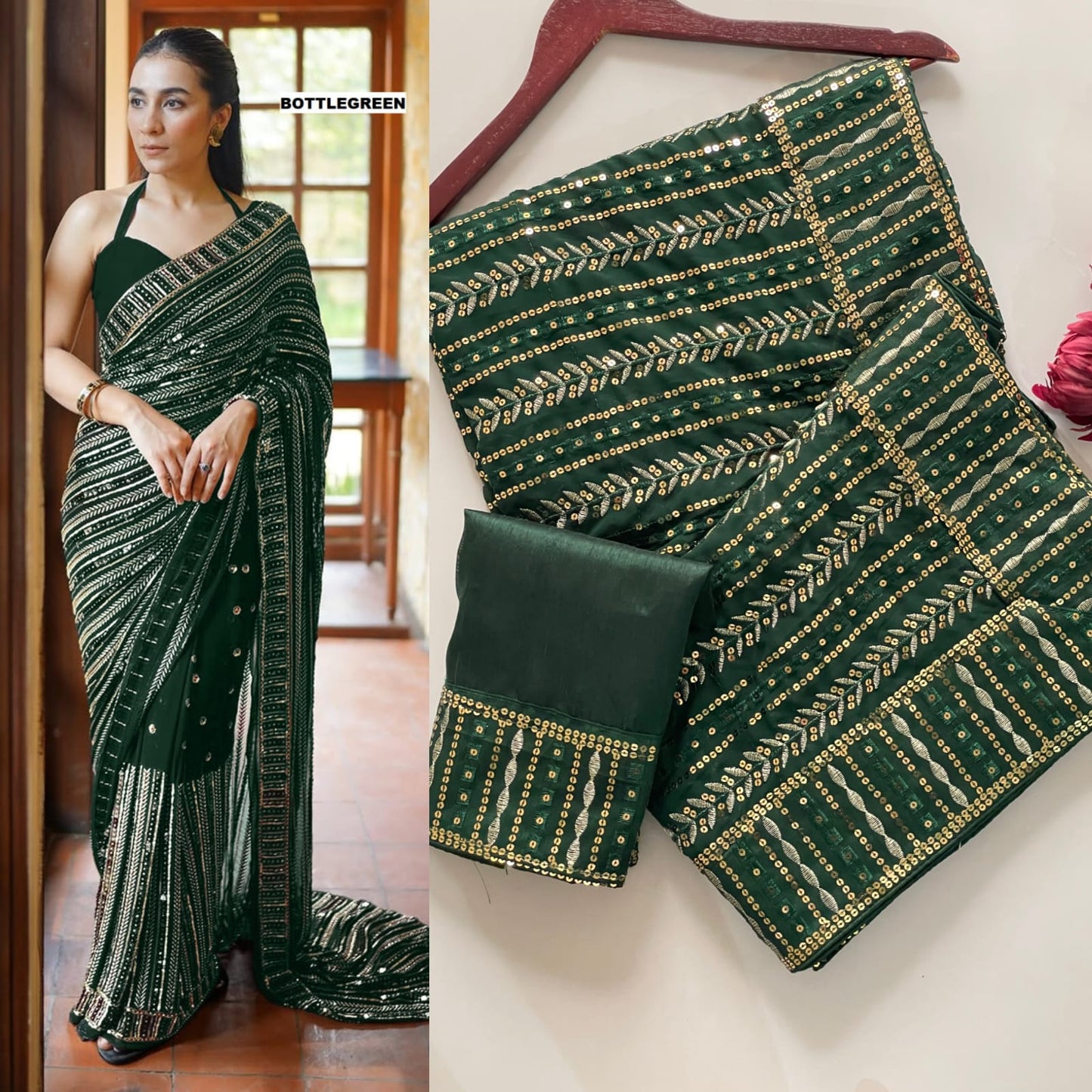 DF-3451 Faux Georgette Saree – Heavy 5mm Sequin & Multi Embroidery Work with Mono Silk Blouse | House of ShiVisha™