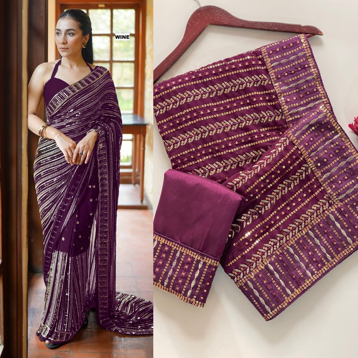 DF-3451 Faux Georgette Saree – Heavy 5mm Sequin & Multi Embroidery Work with Mono Silk Blouse | House of ShiVisha™