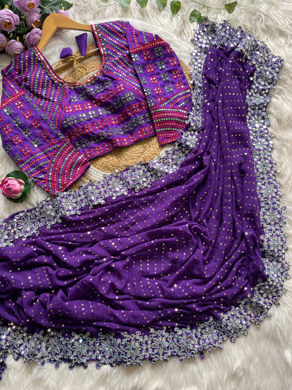 DF-3453 Faux Georgette Saree – Mirror & Sequin Embroidery with Stitched Mono Banglori Blouse | House of ShiVisha™