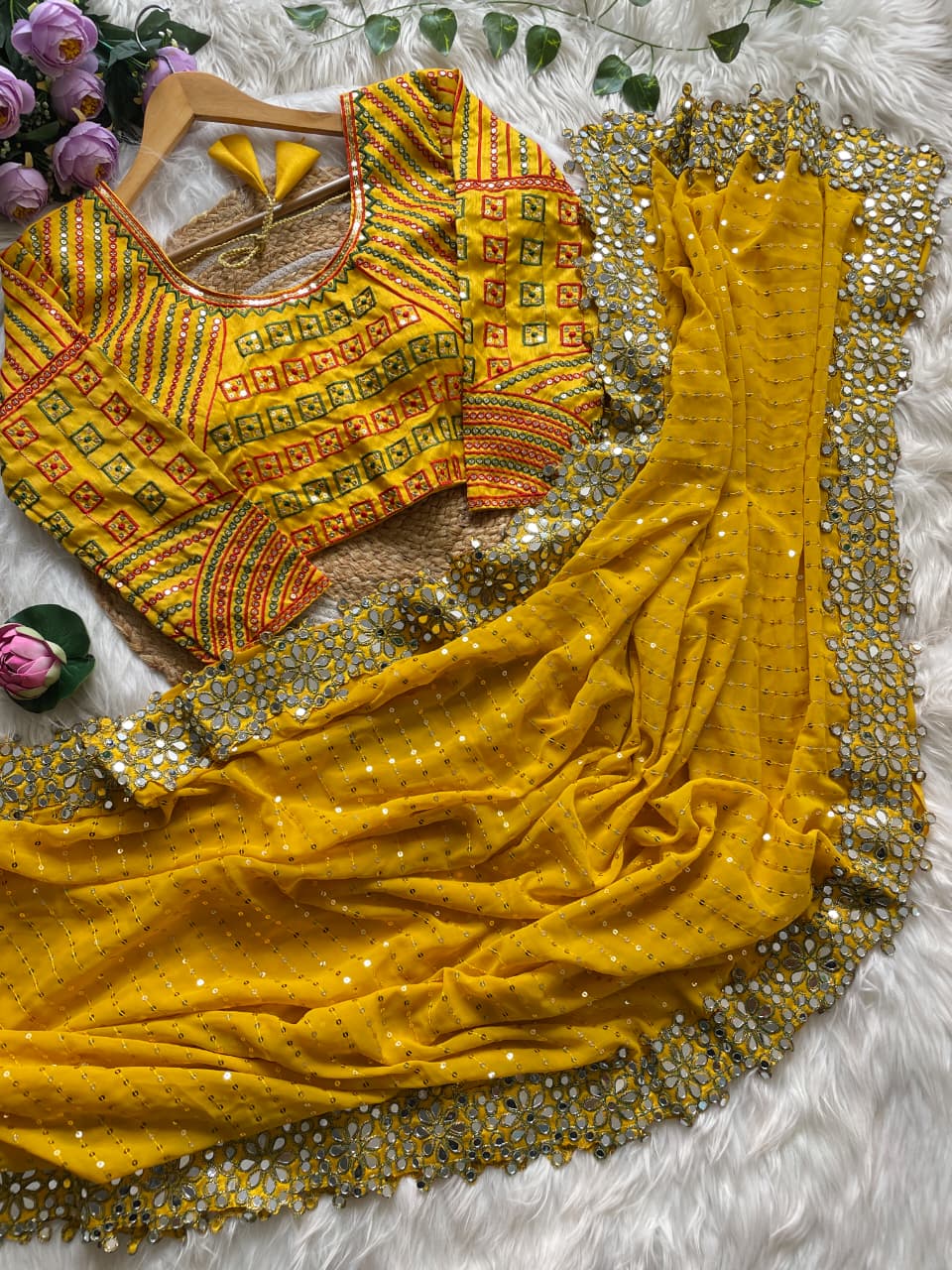 DF-3453 Faux Georgette Saree – Mirror & Sequin Embroidery with Stitched Mono Banglori Blouse | House of ShiVisha™