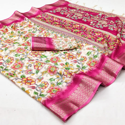 AXALI-2 Digital Cotton Silk Saree – Rich Jacquard Border with Fancy Latkan & Blouse Piece | House of ShiVisha™ | Elegant Heritage Edition