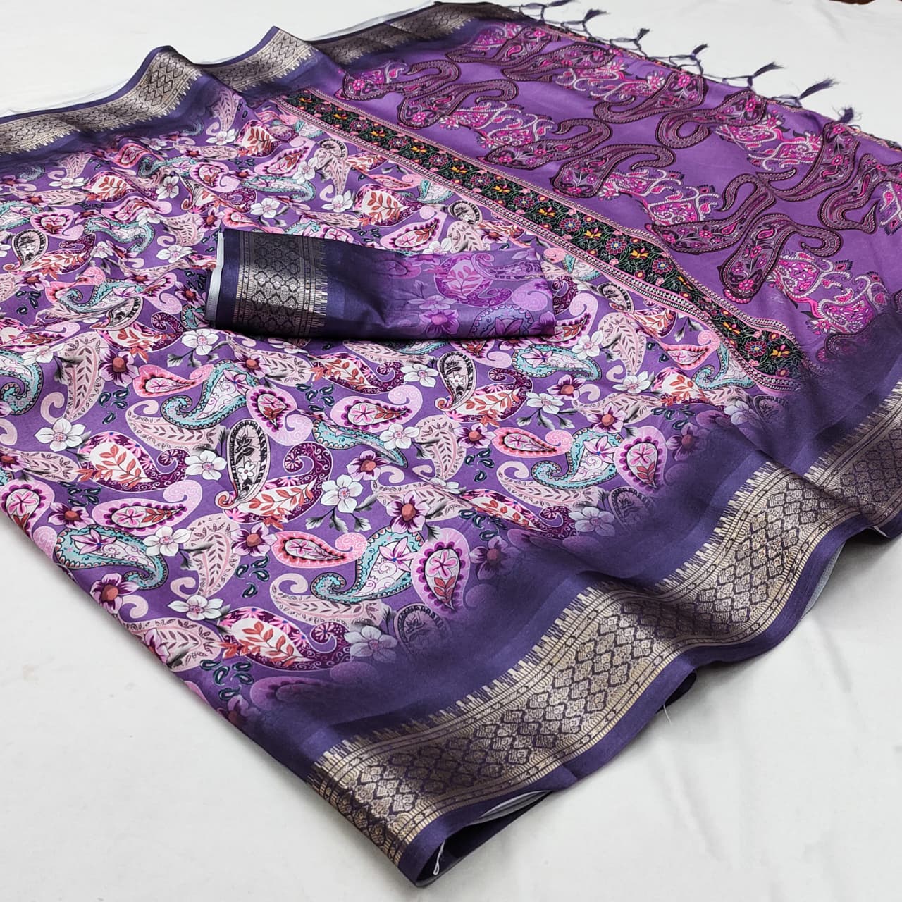 AXALI-2 Digital Cotton Silk Saree – Rich Jacquard Border with Fancy Latkan & Blouse Piece | House of ShiVisha™ | Elegant Heritage Edition