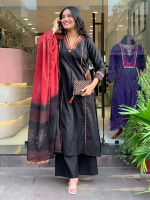 Elegant Banana Silk Kurta Plazo Dupatta Set – Neck Work & Pocket Detailing with Cotton Lining | House of ShiVisha™ Akshar