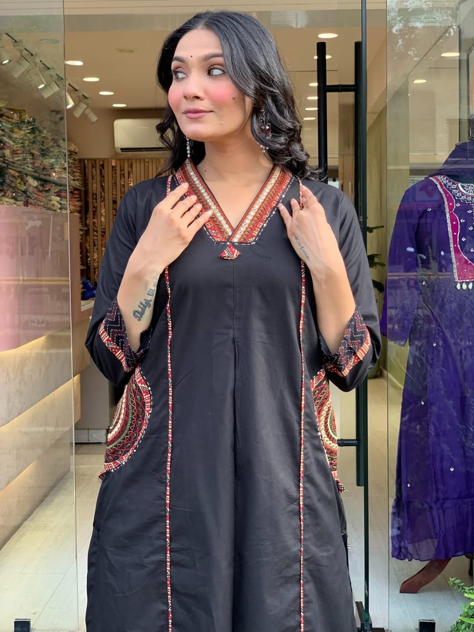 Elegant Banana Silk Kurta Plazo Dupatta Set – Neck Work & Pocket Detailing with Cotton Lining | House of ShiVisha™ Akshar