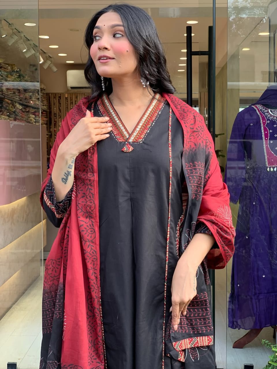 Elegant Banana Silk Kurta Plazo Dupatta Set – Neck Work & Pocket Detailing with Cotton Lining | House of ShiVisha™ Akshar