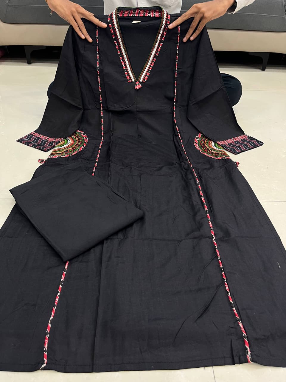 Elegant Banana Silk Kurta Plazo Dupatta Set – Neck Work & Pocket Detailing with Cotton Lining | House of ShiVisha™ Akshar