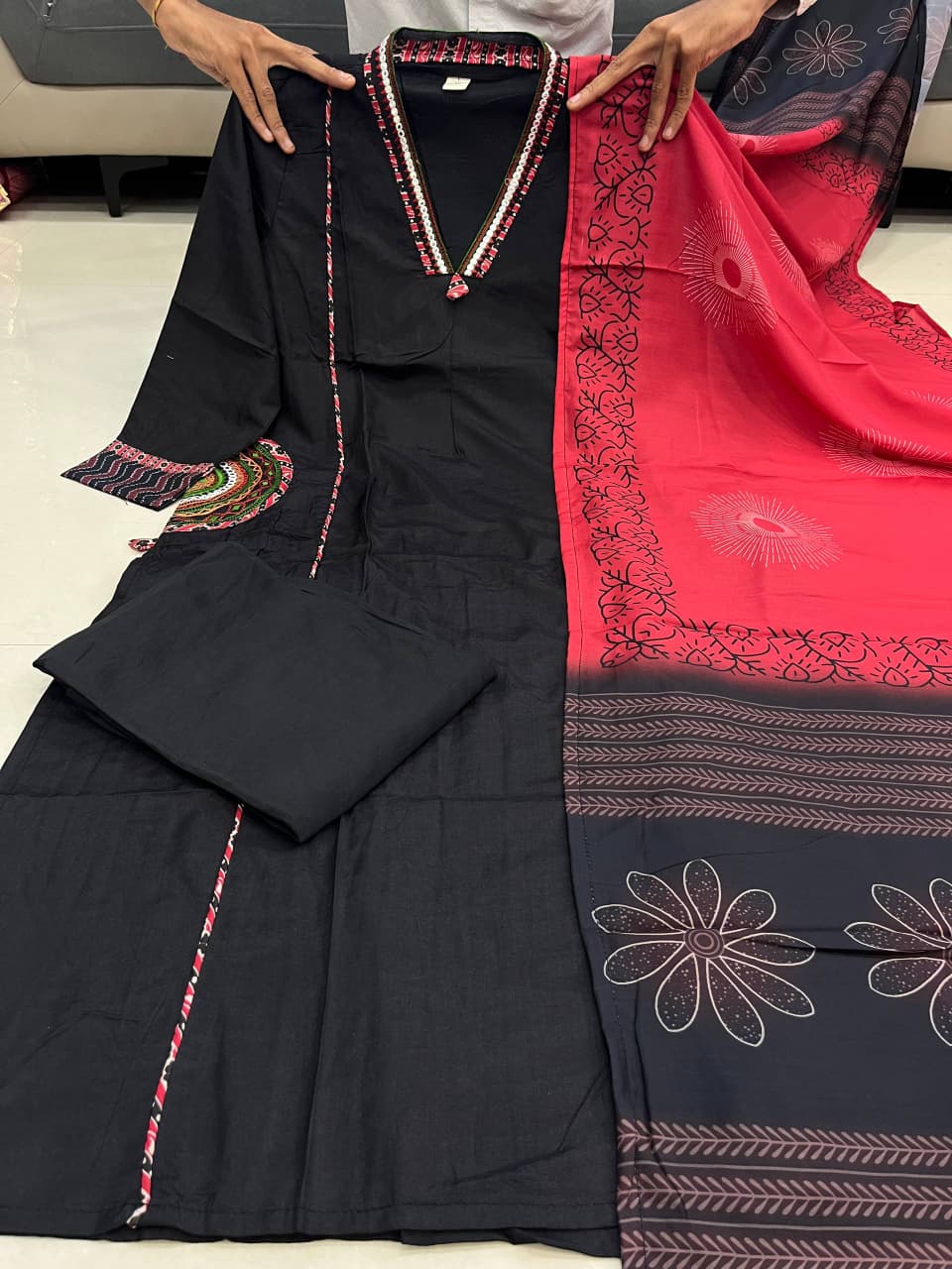 Elegant Banana Silk Kurta Plazo Dupatta Set – Neck Work & Pocket Detailing with Cotton Lining | House of ShiVisha™ Akshar