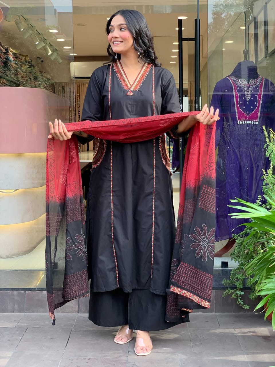 Elegant Banana Silk Kurta Plazo Dupatta Set – Neck Work & Pocket Detailing with Cotton Lining | House of ShiVisha™ Akshar
