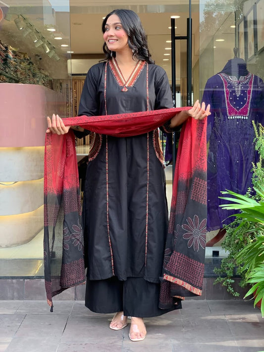 Elegant Banana Silk Kurta Plazo Dupatta Set – Neck Work & Pocket Detailing with Cotton Lining | House of ShiVisha™ Akshar