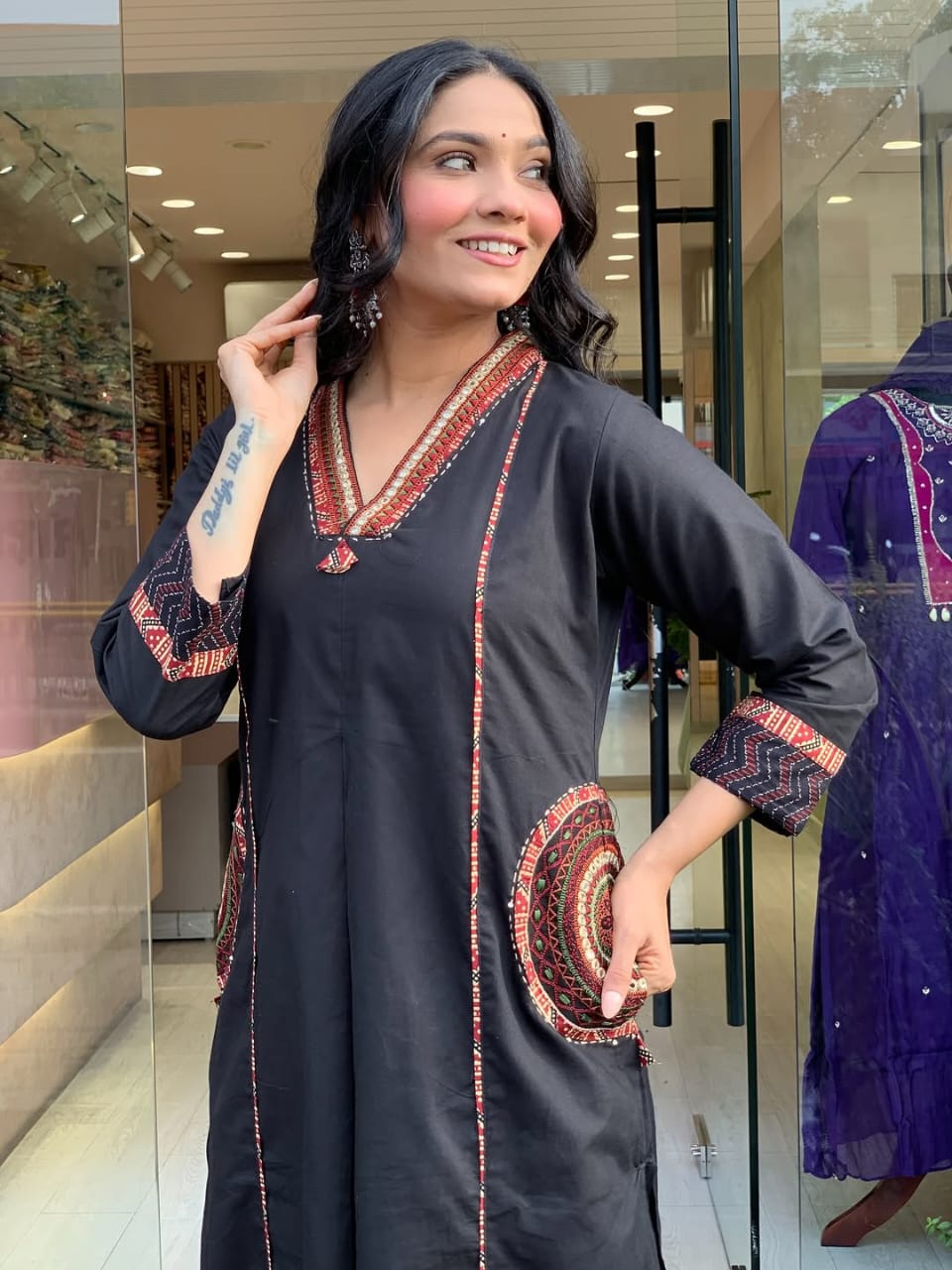 Elegant Banana Silk Kurta Plazo Dupatta Set – Neck Work & Pocket Detailing with Cotton Lining | House of ShiVisha™ Akshar