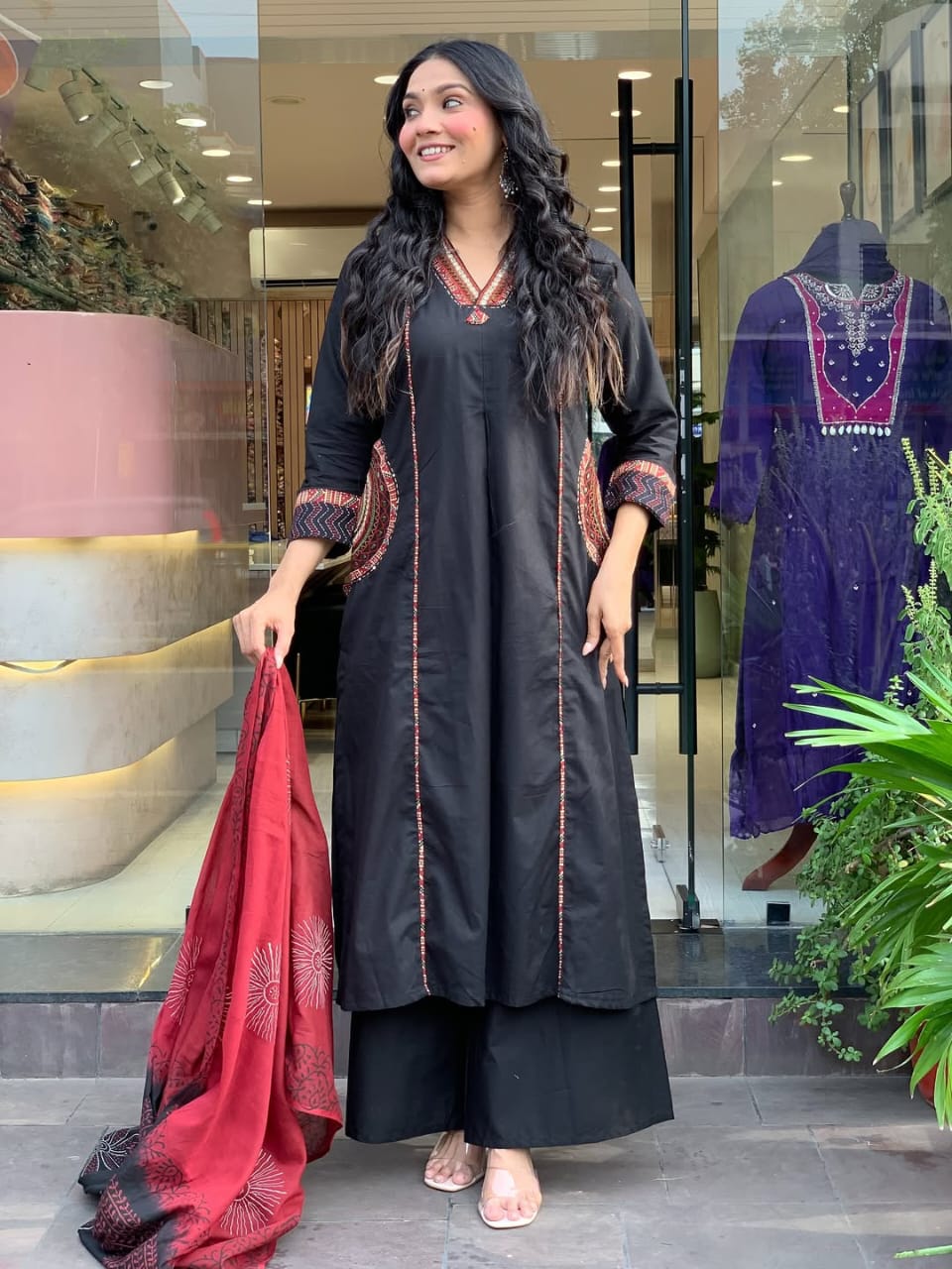 Elegant Banana Silk Kurta Plazo Dupatta Set – Neck Work & Pocket Detailing with Cotton Lining | House of ShiVisha™ Akshar