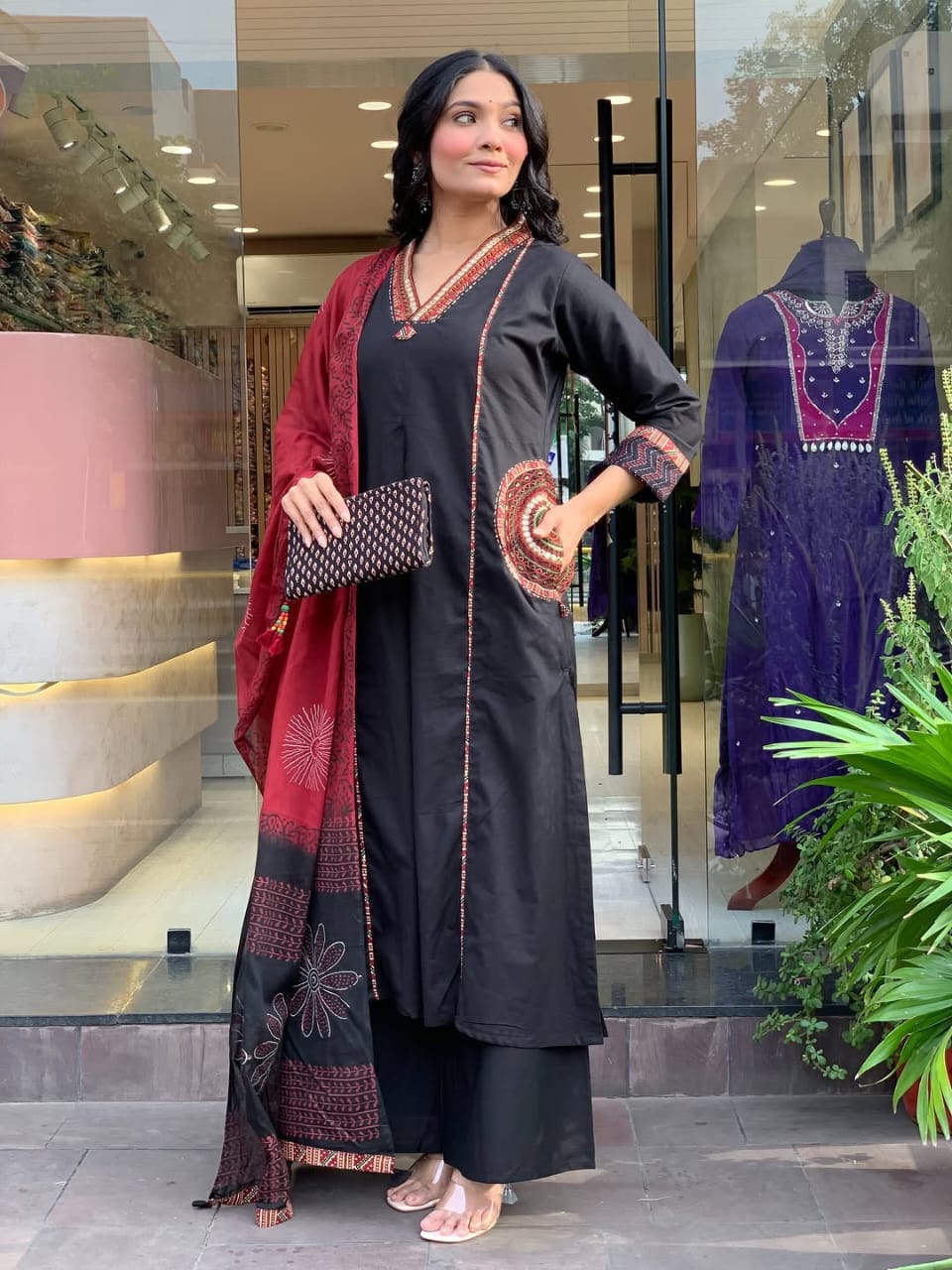 Elegant Banana Silk Kurta Plazo Dupatta Set – Neck Work & Pocket Detailing with Cotton Lining | House of ShiVisha™ Akshar