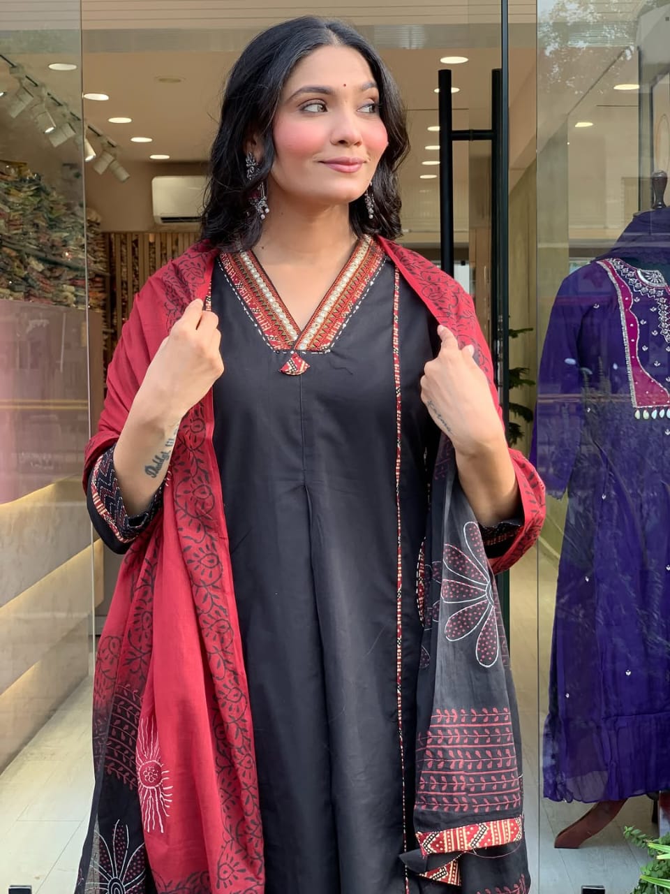 Elegant Banana Silk Kurta Plazo Dupatta Set – Neck Work & Pocket Detailing with Cotton Lining | House of ShiVisha™ Akshar