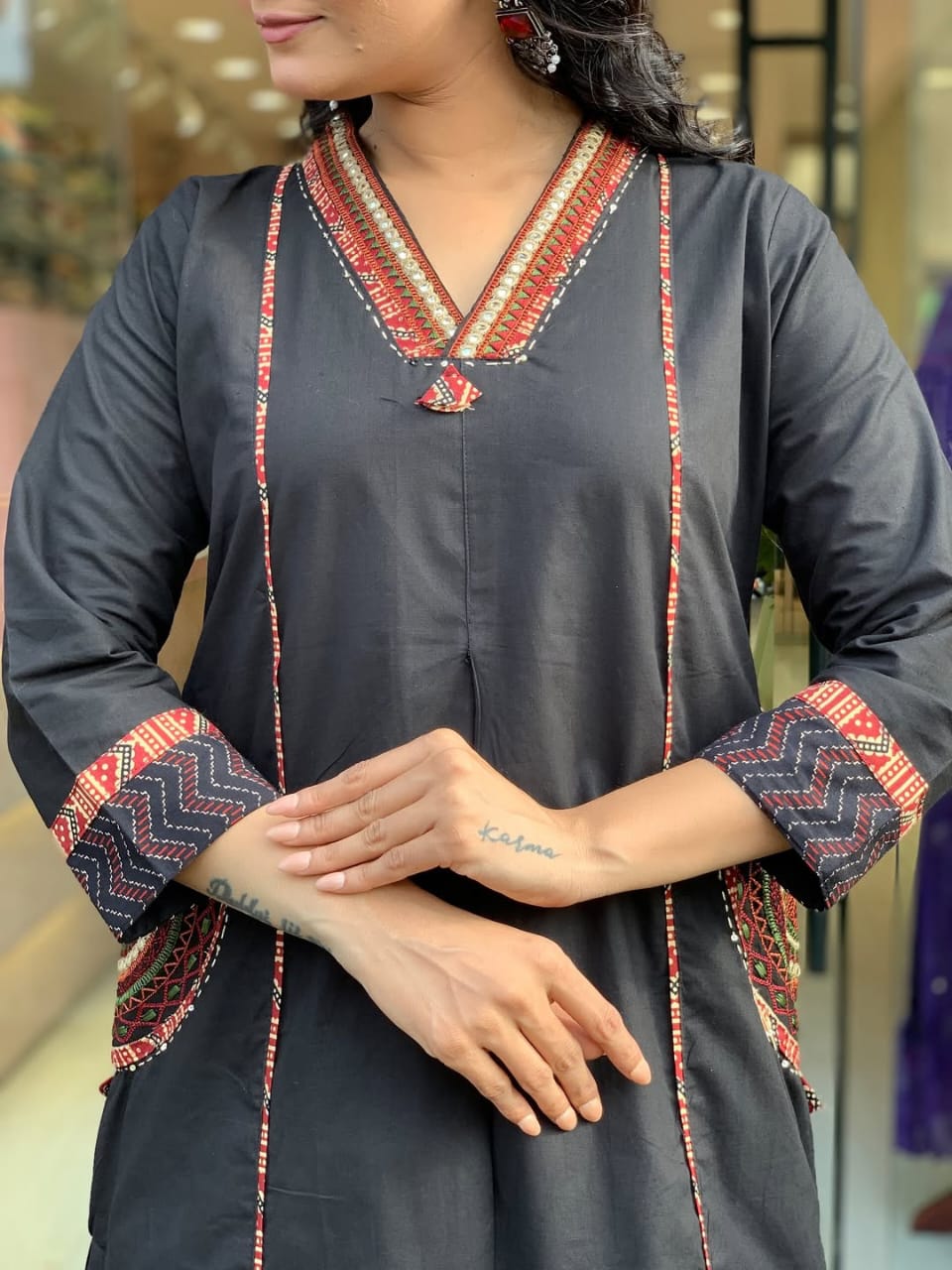 Elegant Banana Silk Kurta Plazo Dupatta Set – Neck Work & Pocket Detailing with Cotton Lining | House of ShiVisha™ Akshar