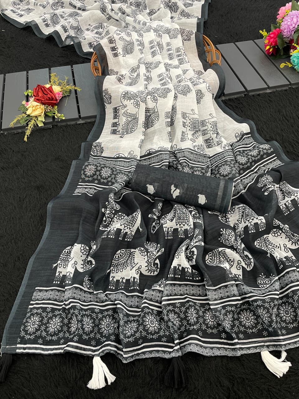 Elephant-2 Linen Cotton Saree – Handloom Digital Print with Latkan & Matching Blouse Piece | House of ShiVisha™ | Ethnic Heritage Edition