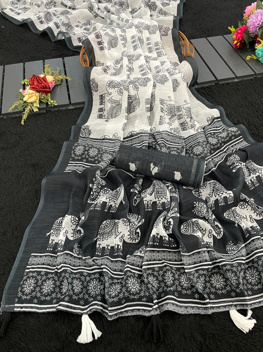 Elephant-2 Linen Cotton Saree – Handloom Digital Print with Latkan & Matching Blouse Piece | House of ShiVisha™ | Ethnic Heritage Edition