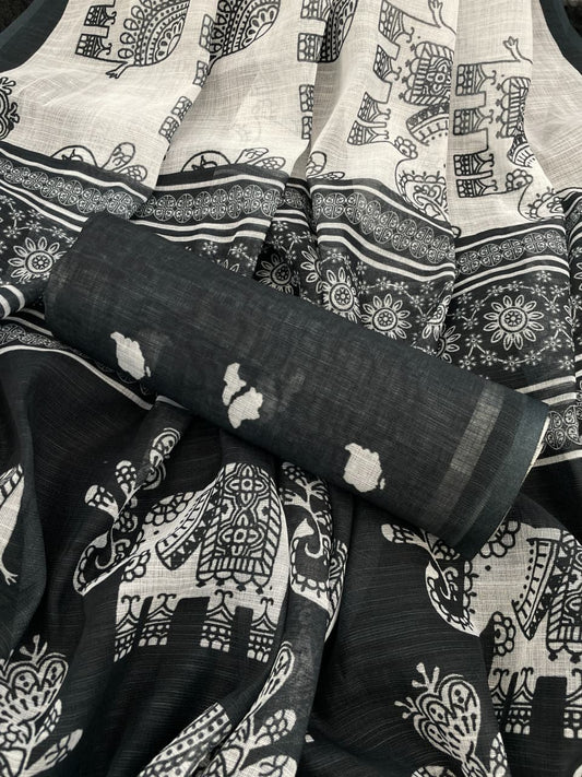 Elephant-2 Linen Cotton Saree – Handloom Digital Print with Latkan & Matching Blouse Piece | House of ShiVisha™ | Ethnic Heritage Edition