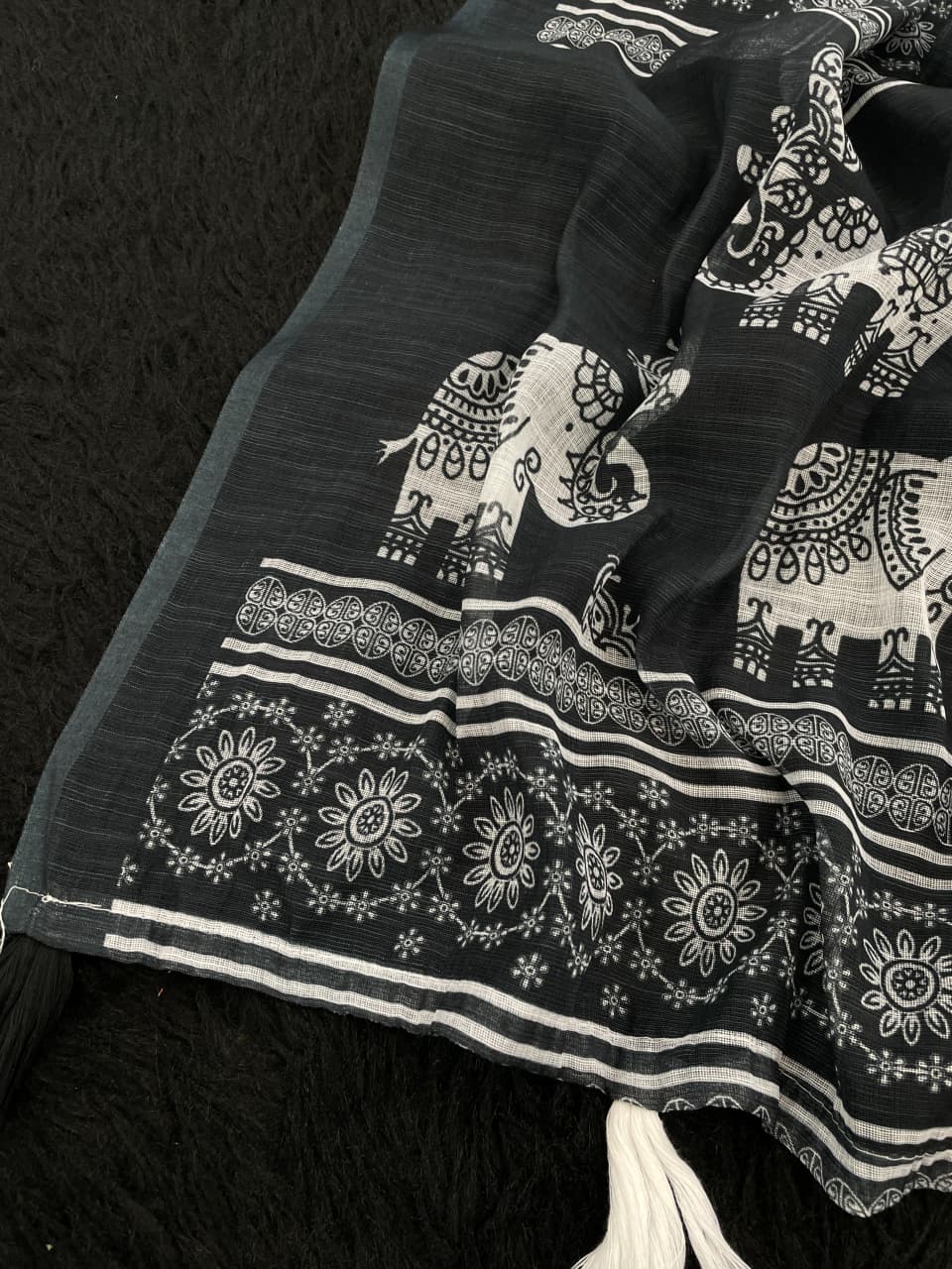 Elephant-2 Linen Cotton Saree – Handloom Digital Print with Latkan & Matching Blouse Piece | House of ShiVisha™ | Ethnic Heritage Edition