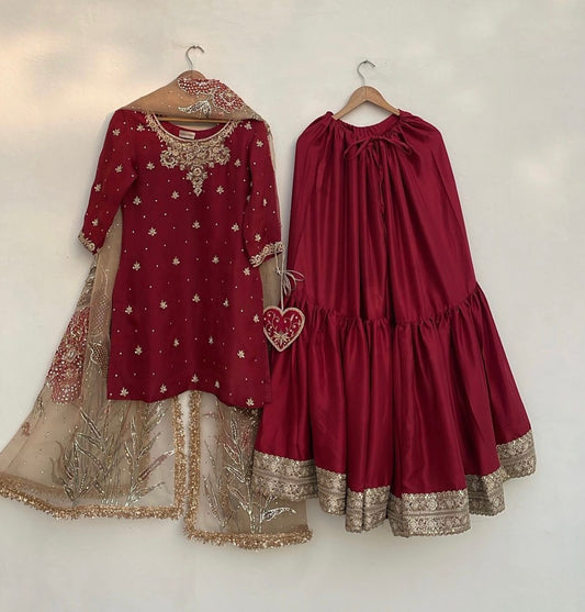 FD-120 Pure Chinon Silk Top Sharara Dupatta Set – Heavy 5mm Sequin & Moti Embroidery with Organza Digital Dupatta | House of ShiVisha™ | Ready-to-Wear Luxe Edition