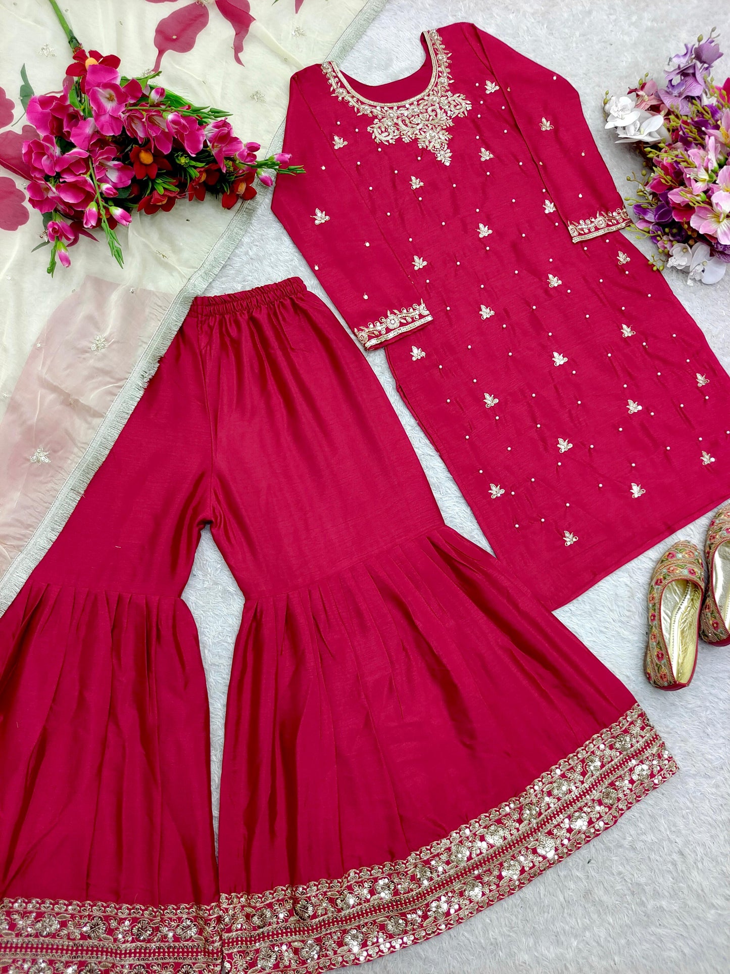 FD-120 Pure Chinon Silk Top Sharara Dupatta Set – Heavy 5mm Sequin & Moti Embroidery with Organza Digital Dupatta | House of ShiVisha™ | Ready-to-Wear Luxe Edition