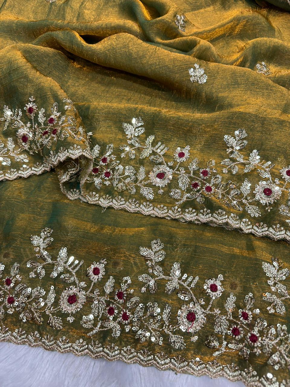 Fandy Chiffon Silk Saree – Heavy Zari & Sequins Embroidery with Cutwork Border | House of ShiVisha™ | Code: KK-AMIRA - Image 