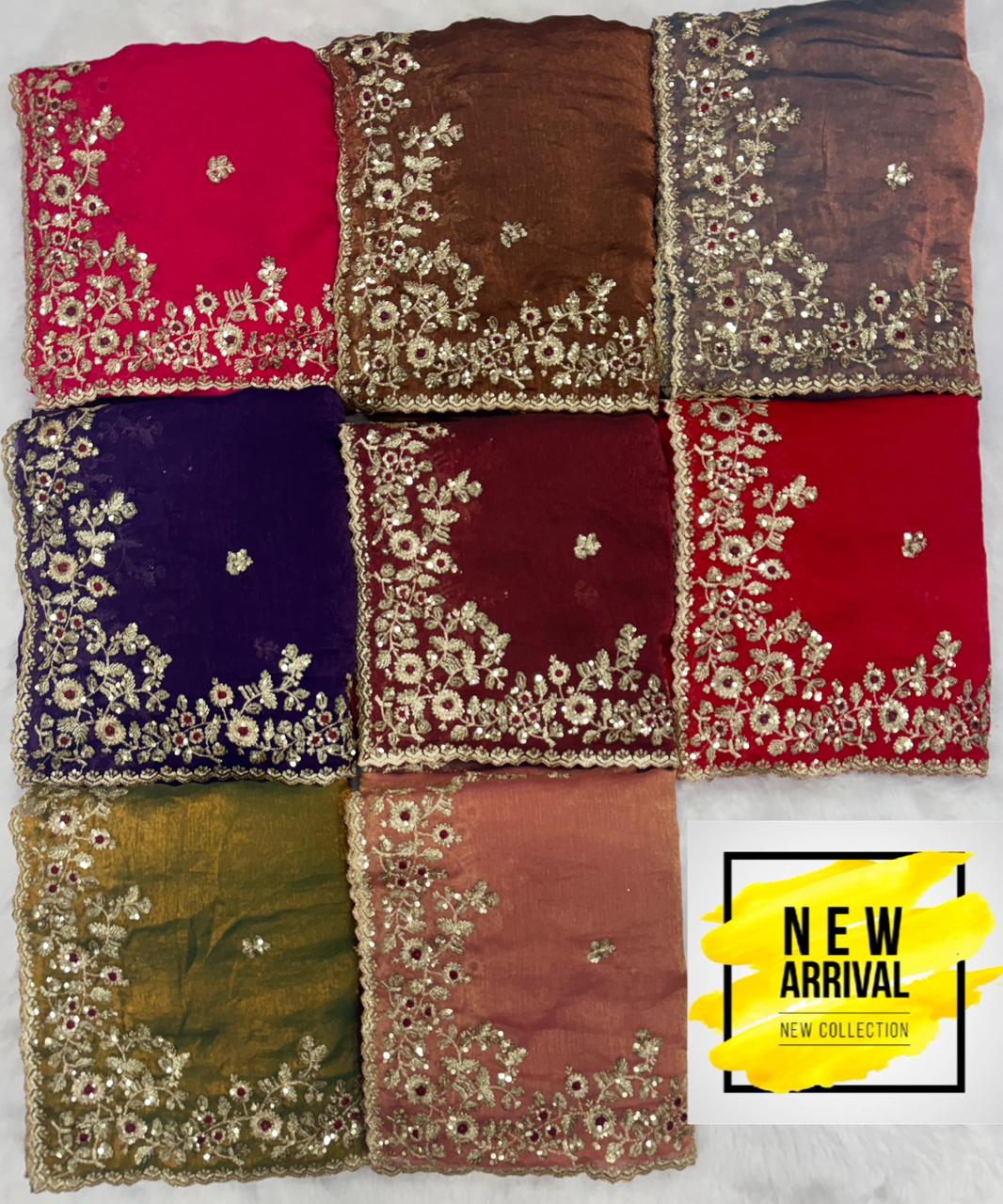 Fandy Chiffon Silk Saree – Heavy Zari & Sequins Embroidery with Cutwork Border | House of ShiVisha™ | Code: KK-AMIRA - Image 