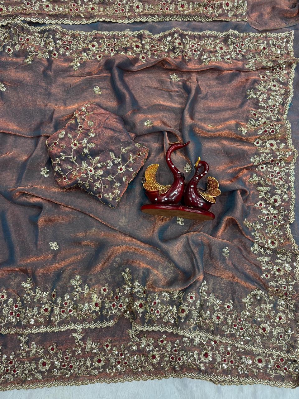 Fandy Chiffon Silk Saree – Heavy Zari & Sequins Embroidery with Cutwork Border | House of ShiVisha™ | Code: KK-AMIRA - Image 