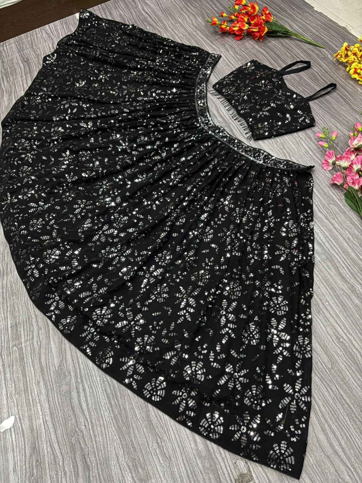 HC-1025 Premium Georgette Lehenga Set – Heavy Sequin & Embroidery Work with Dupatta and Double Inner Cancan | House of ShiVisha™