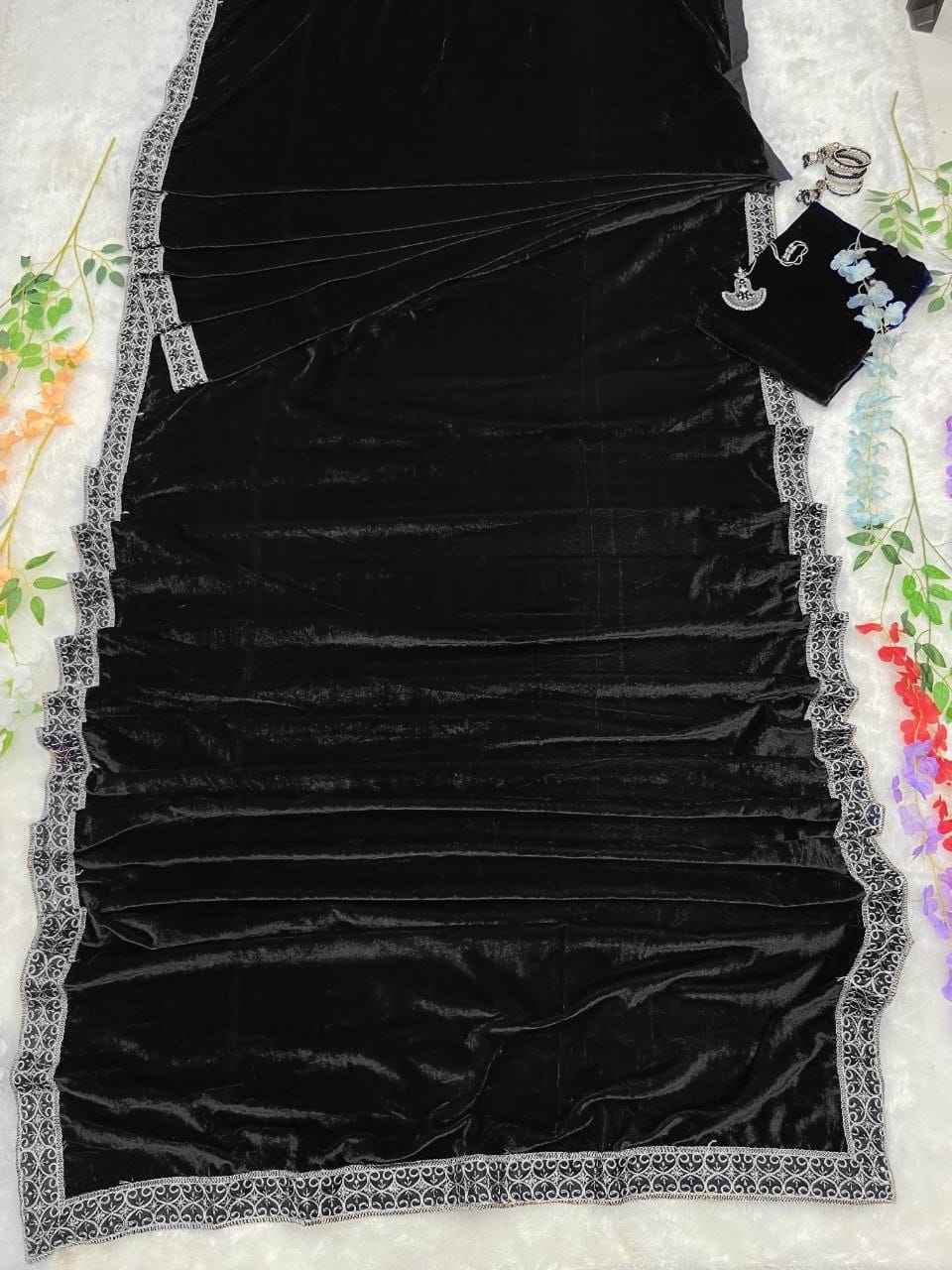 HC-863 Premium Velvet Ready-to-Wear Saree – Heavy Lace Border Work with Unstitched Velvet Blouse | House of ShiVisha™