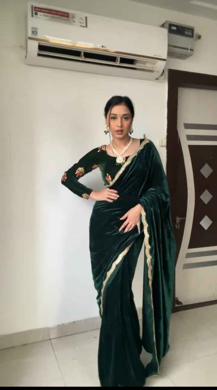 HC-879 Premium Velvet Ready-to-Wear Saree – Heavy Embroidery, Sequin & Zari Lace Work with Unstitched Velvet Blouse | House of ShiVisha™