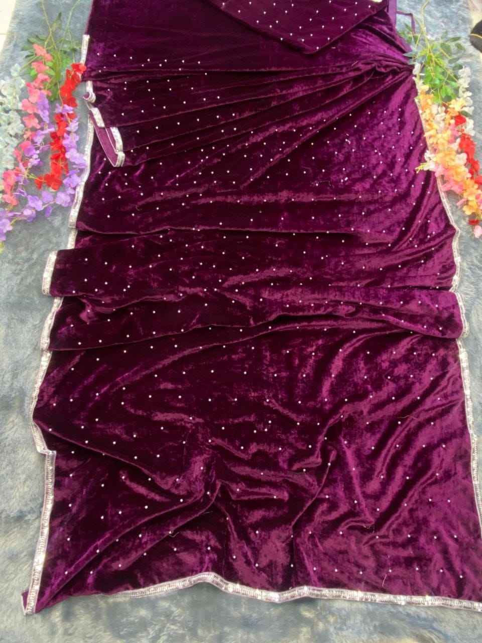 HC-895 Premium Velvet Ready-to-Wear Saree – Hand Pearl Work with Lace Border & Unstitched Velvet Blouse | House of ShiVisha™