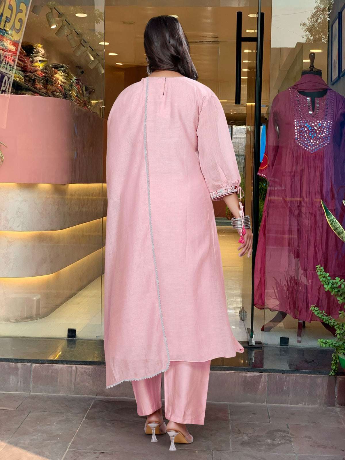 HOS Baby Pink Vichitra Silk Kurta Set with Embroidered Work