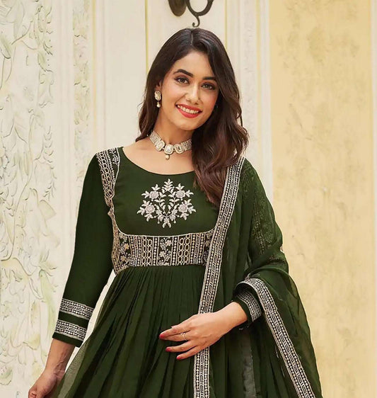 HOS Mehandi Khanak Green Georgette Anarkali Gown with Dupatta