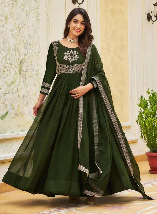 HOS Mehandi Khanak Green Georgette Anarkali Gown with Dupatta
