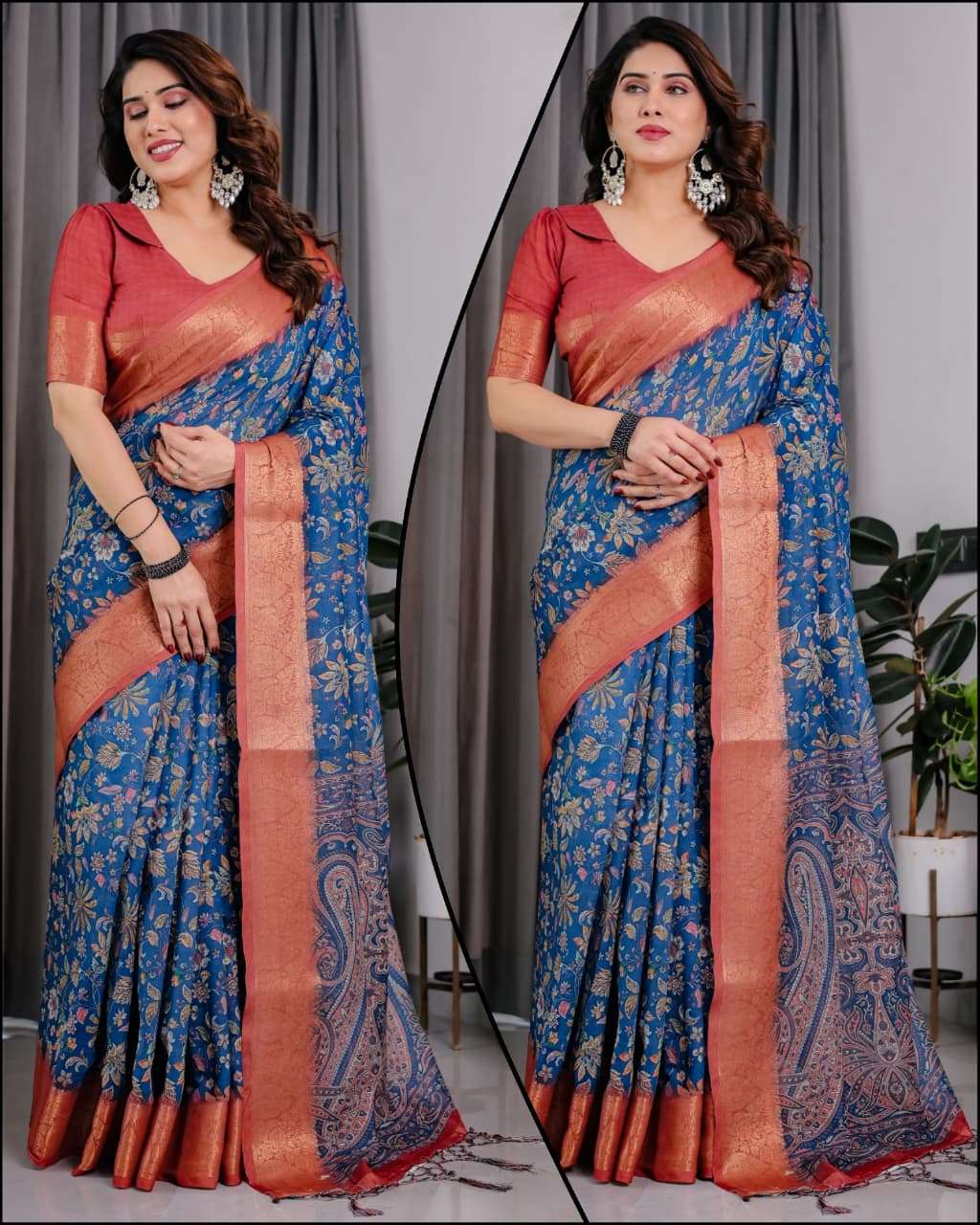 HOS Pure Handloom Linen Saree with Floral Print & Zari Border