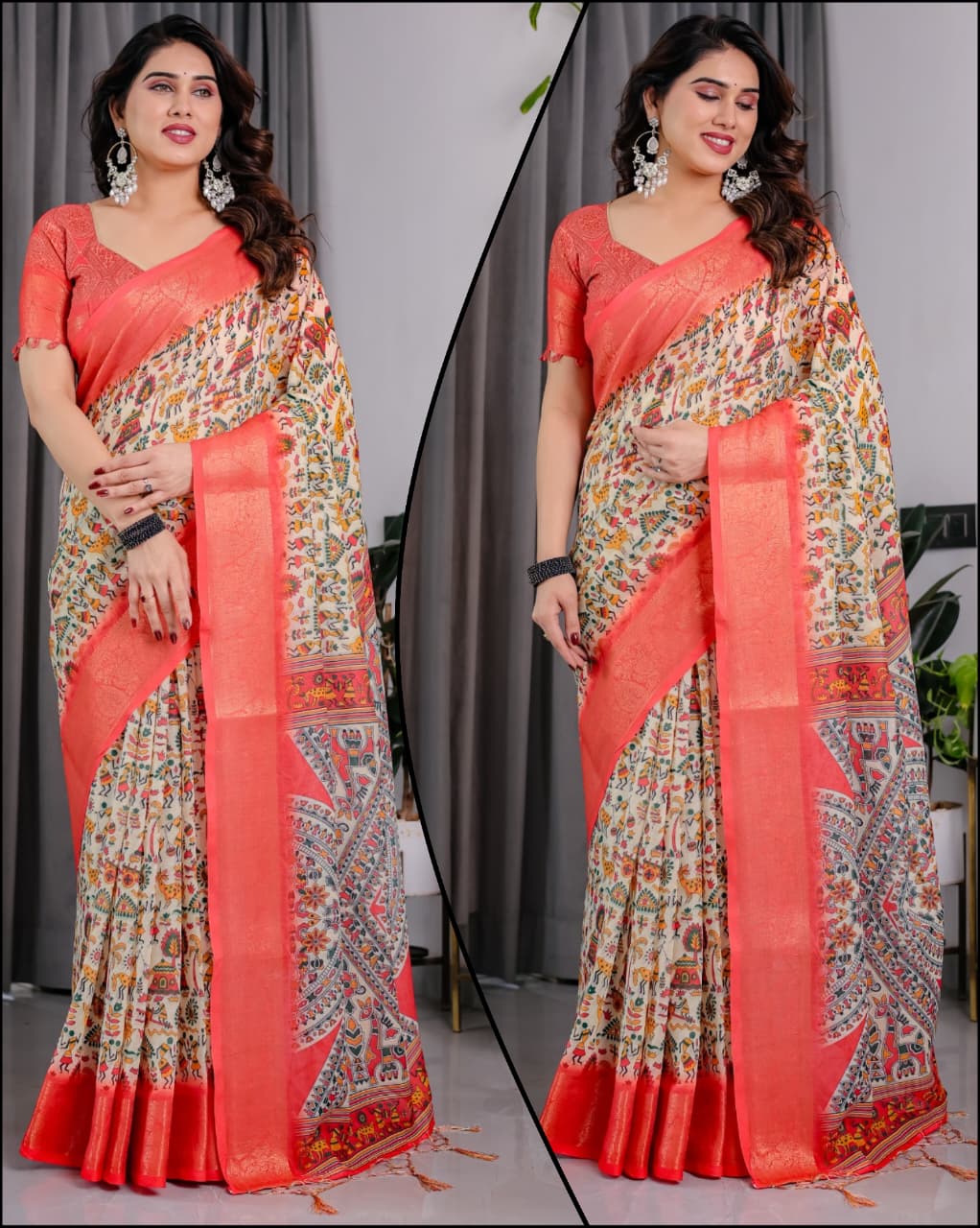 HOS Pure Handloom Linen Saree with Floral Print & Zari Border