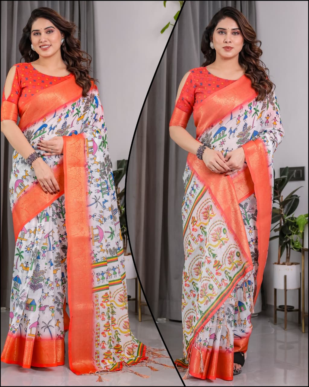 HOS Pure Handloom Linen Saree with Floral Print & Zari Border