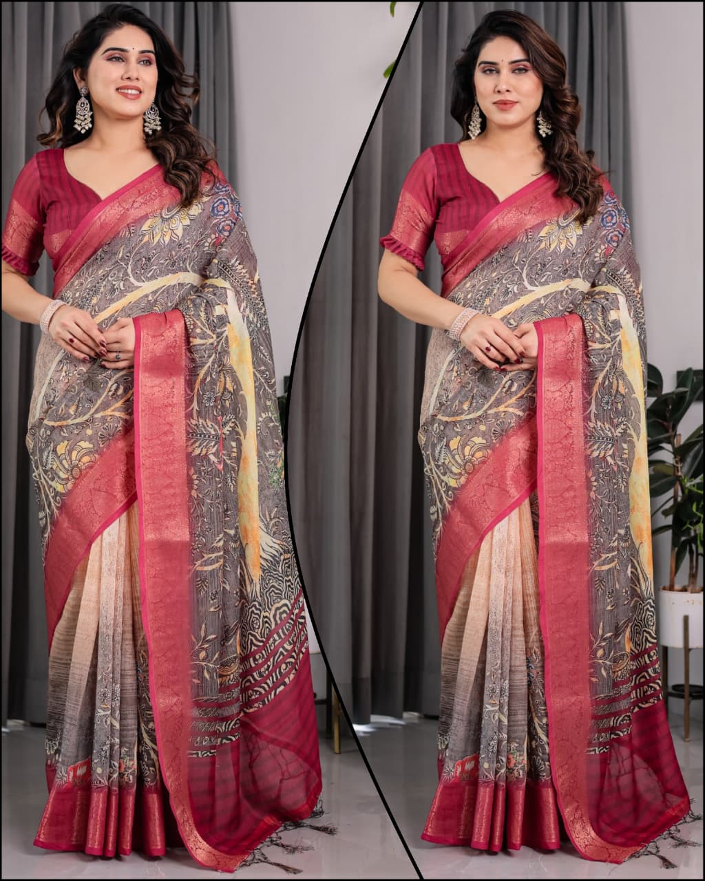 HOS Pure Handloom Linen Saree with Floral Print & Zari Border