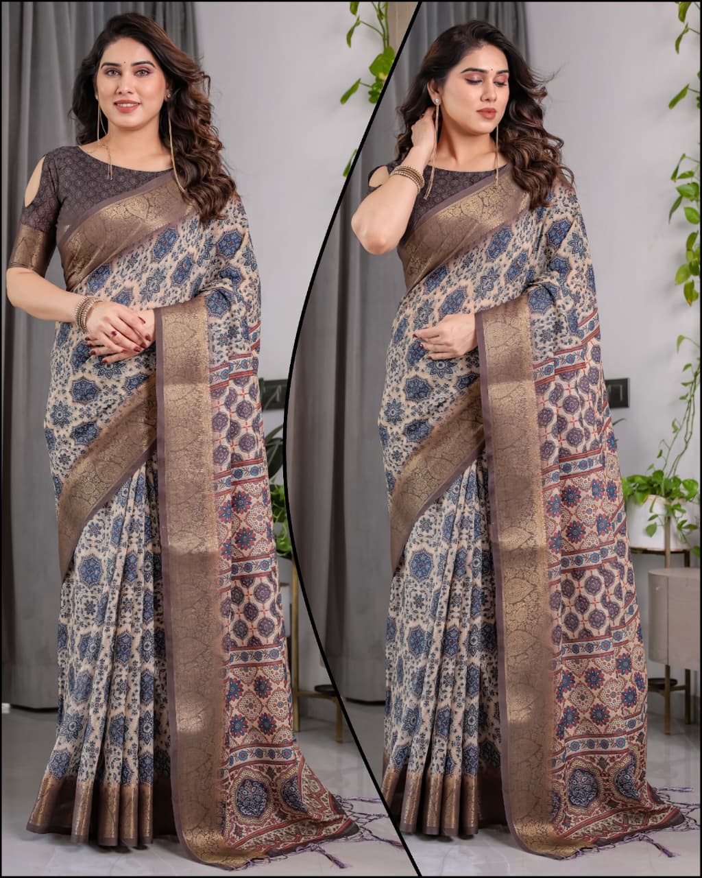 HOS Pure Handloom Linen Saree with Floral Print & Zari Border
