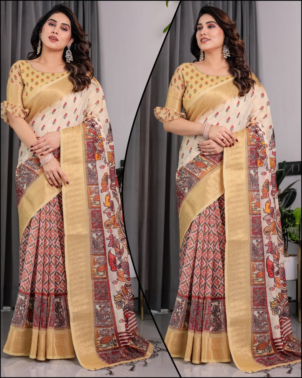 HOS Pure Handloom Linen Saree with Floral Print & Zari Border