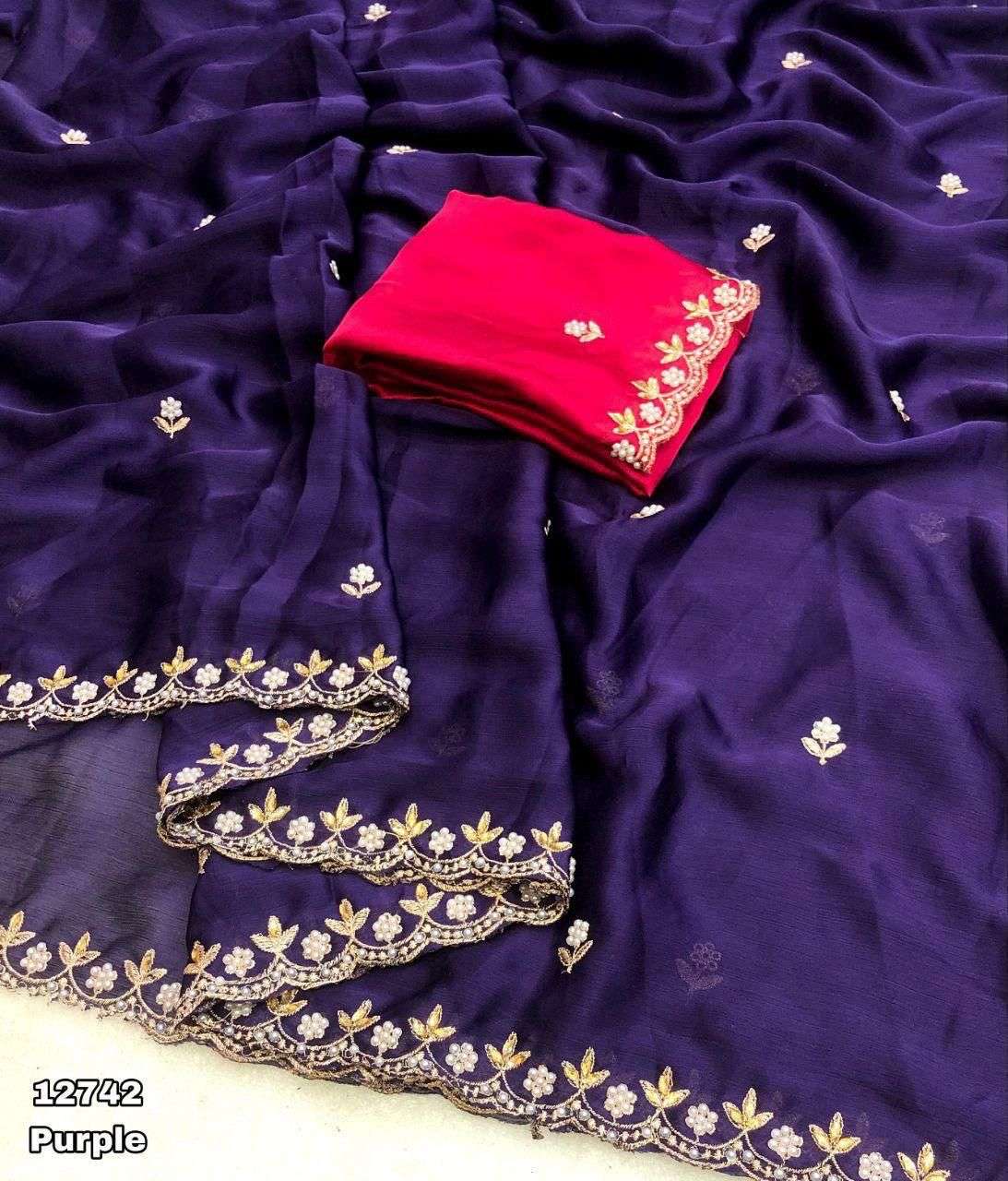 HOS Satin Chiffon Crush Silk Saree with Embroidery & Moti Work