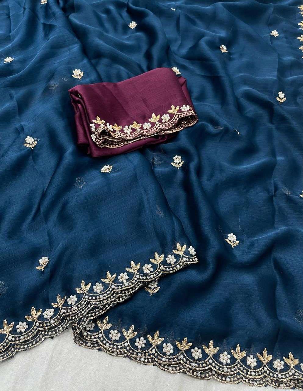 HOS Satin Chiffon Crush Silk Saree with Embroidery & Moti Work