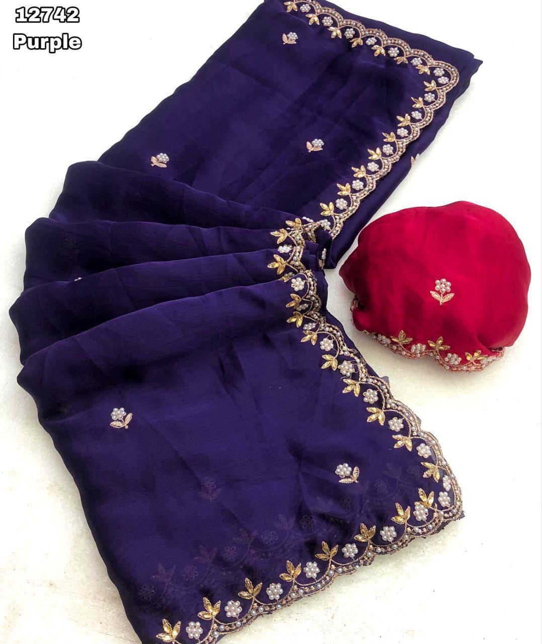 HOS Satin Chiffon Crush Silk Saree with Embroidery & Moti Work