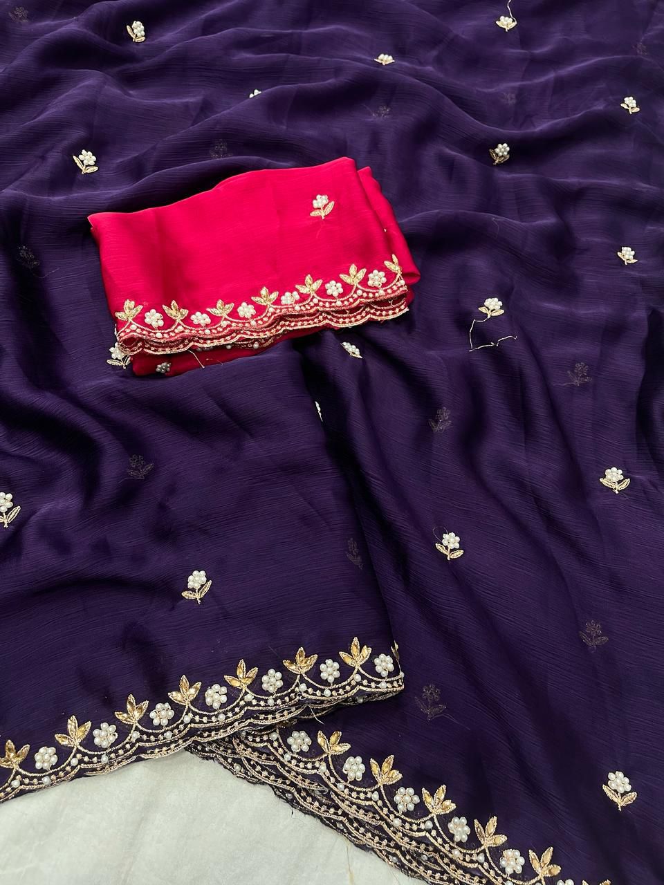 HOS Satin Chiffon Crush Silk Saree with Embroidery & Moti Work