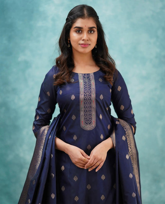 HOS Shingar Blue Art Silk Kurta Set with Pant & Dupatta