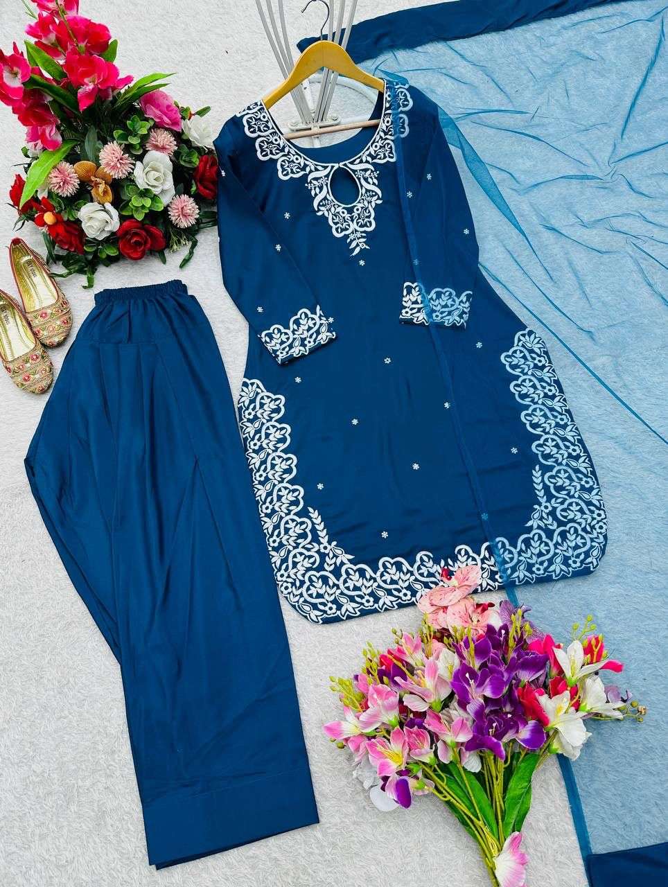 HOS WW-1203 Crepe Satin Farshi Set with Embroidered Top & Net Dupatta